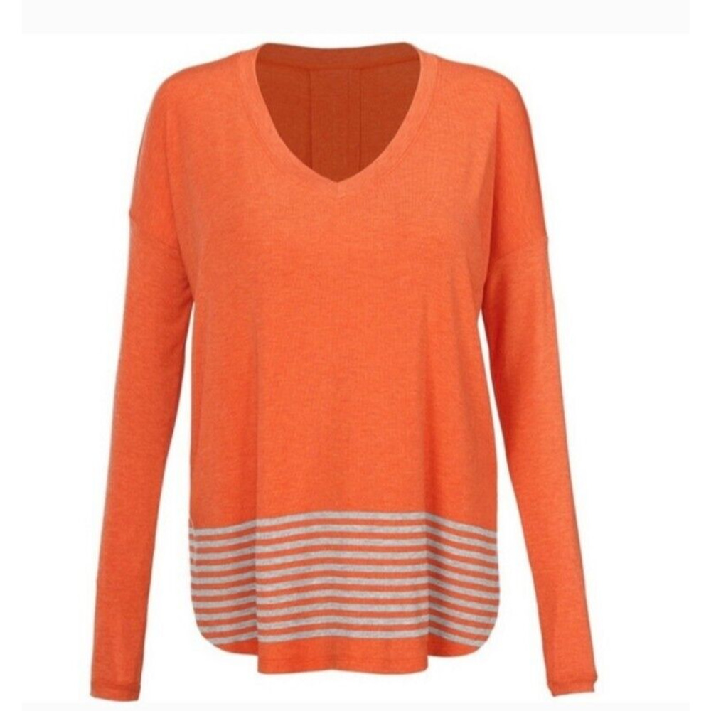 Cabi Womens Small Top Style 4190 Hangout Tee Stripe Side Slits Dolman Orange